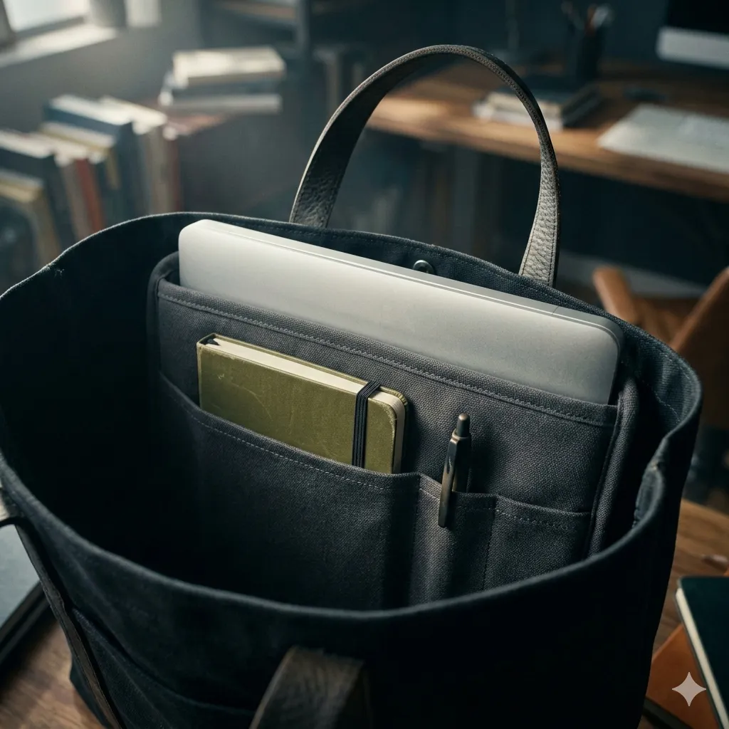 Slim textile insert inside a work tote holding a laptop, notebook, and pen