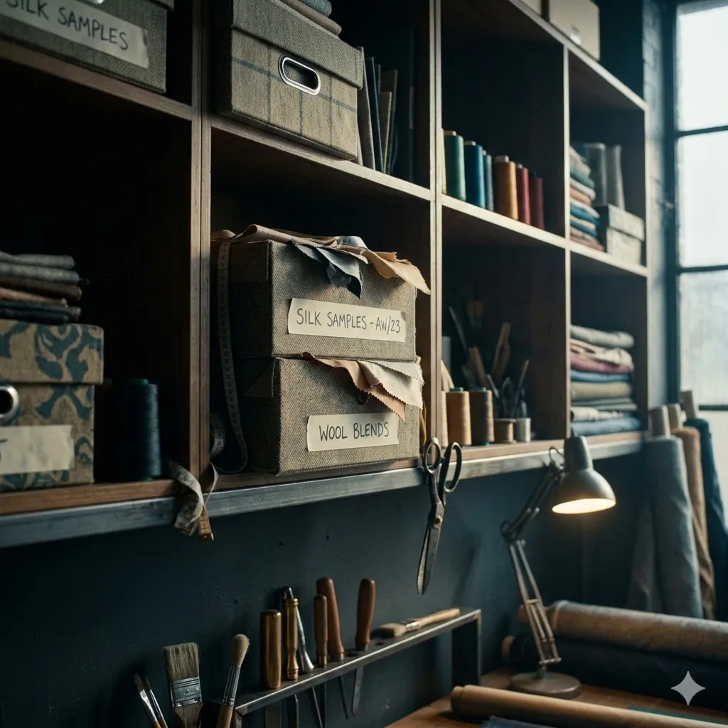 Studio shelves holding textile boxes filled with samples and tools