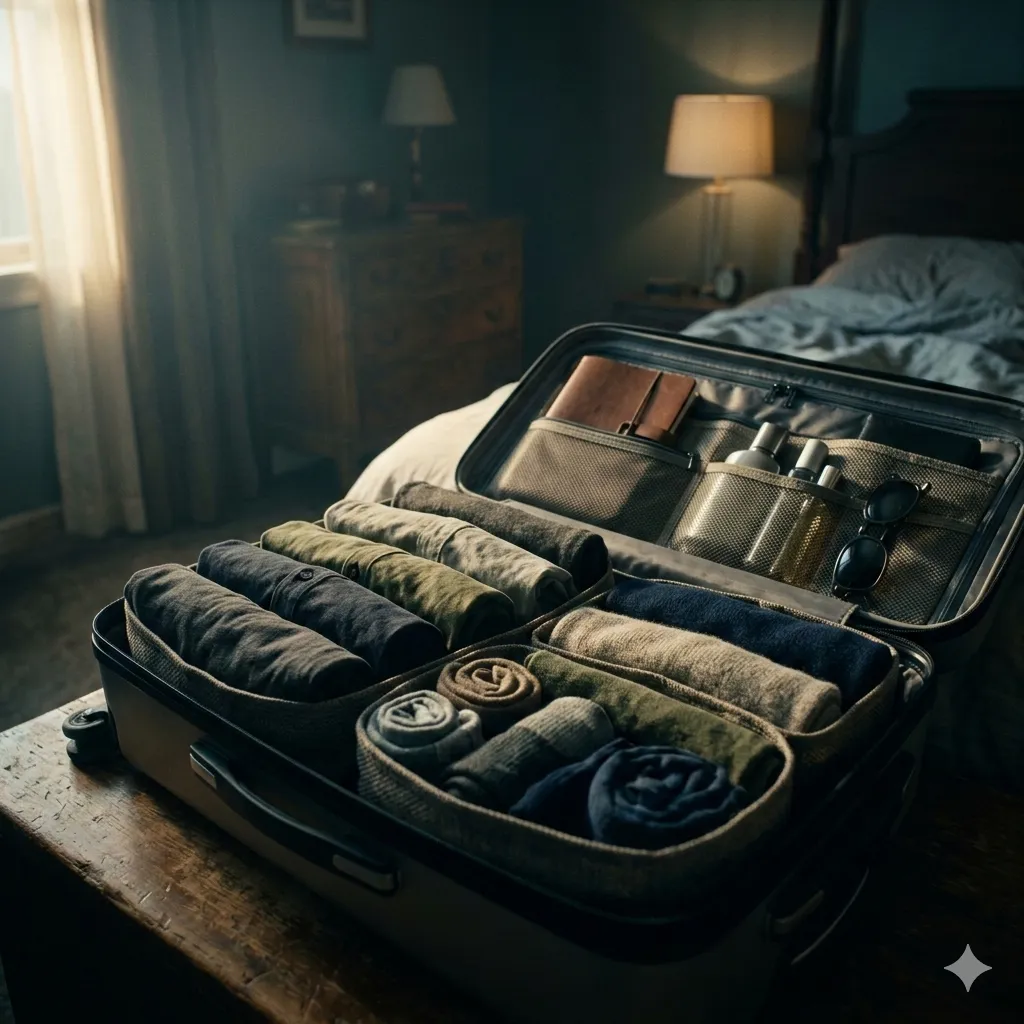 Suitcase with layered textile sleeves holding clothing and accessories