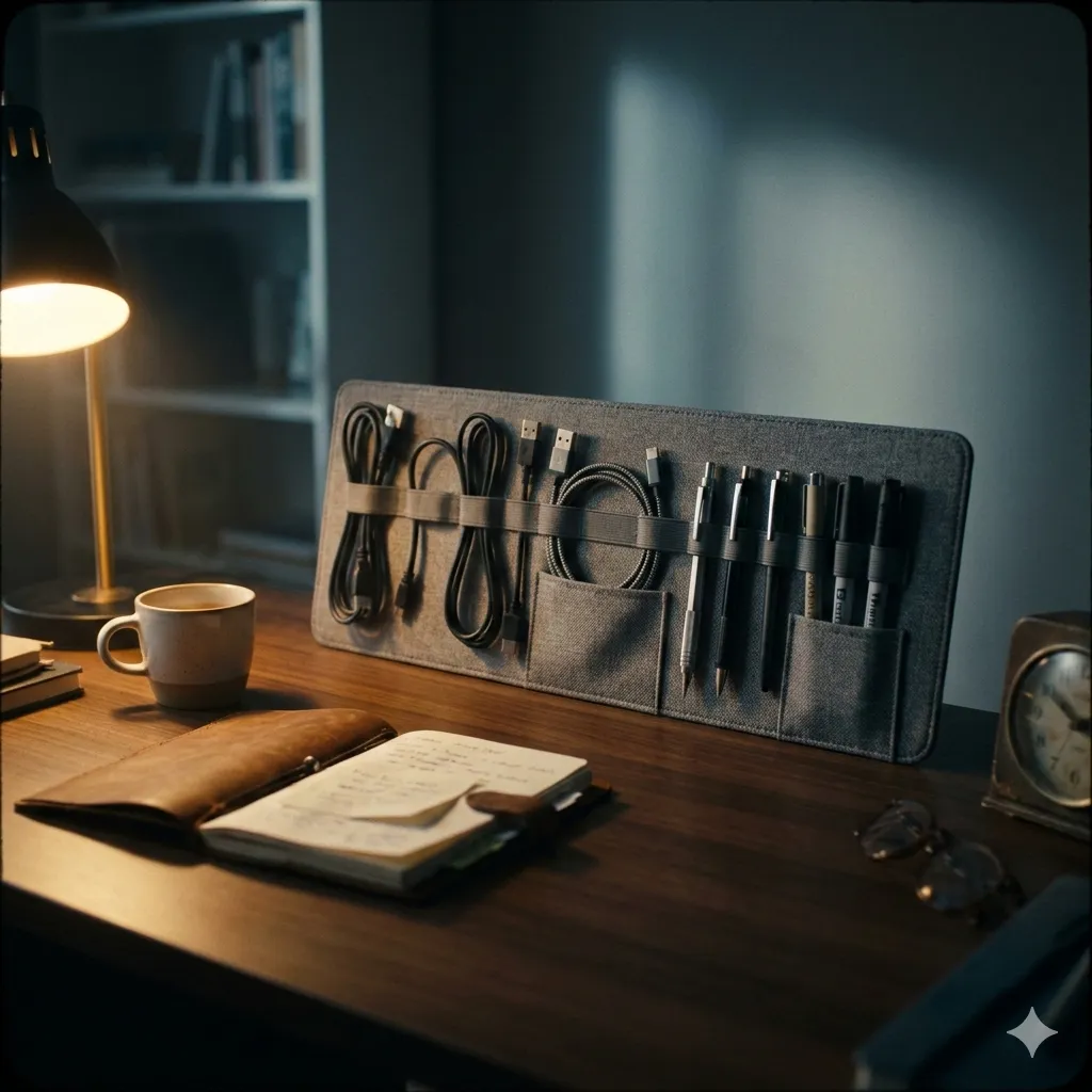 Desk with a slim textile panel guiding cables and pens