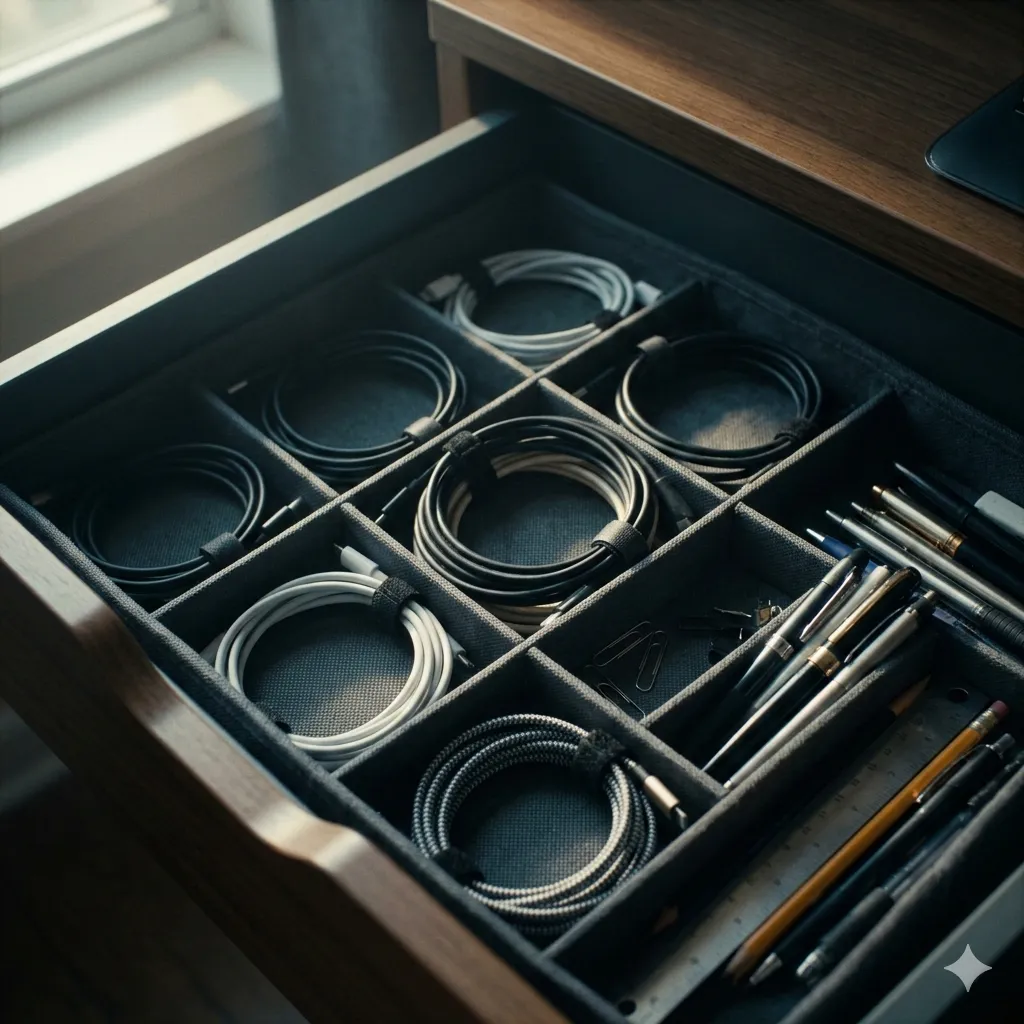 Soft textile grid with compartments holding cables and stationery in a drawer